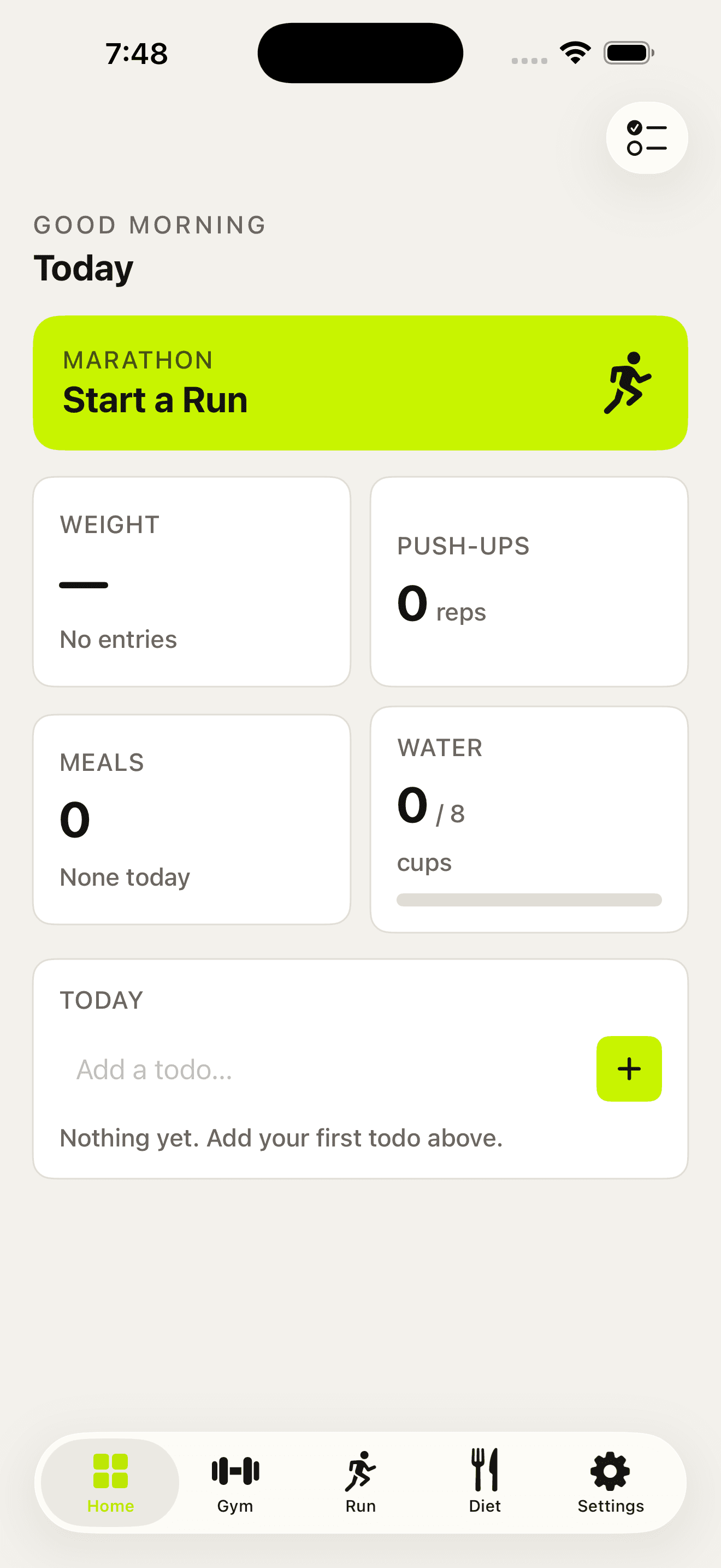 ISH Workout dashboard with daily fitness and habit tiles