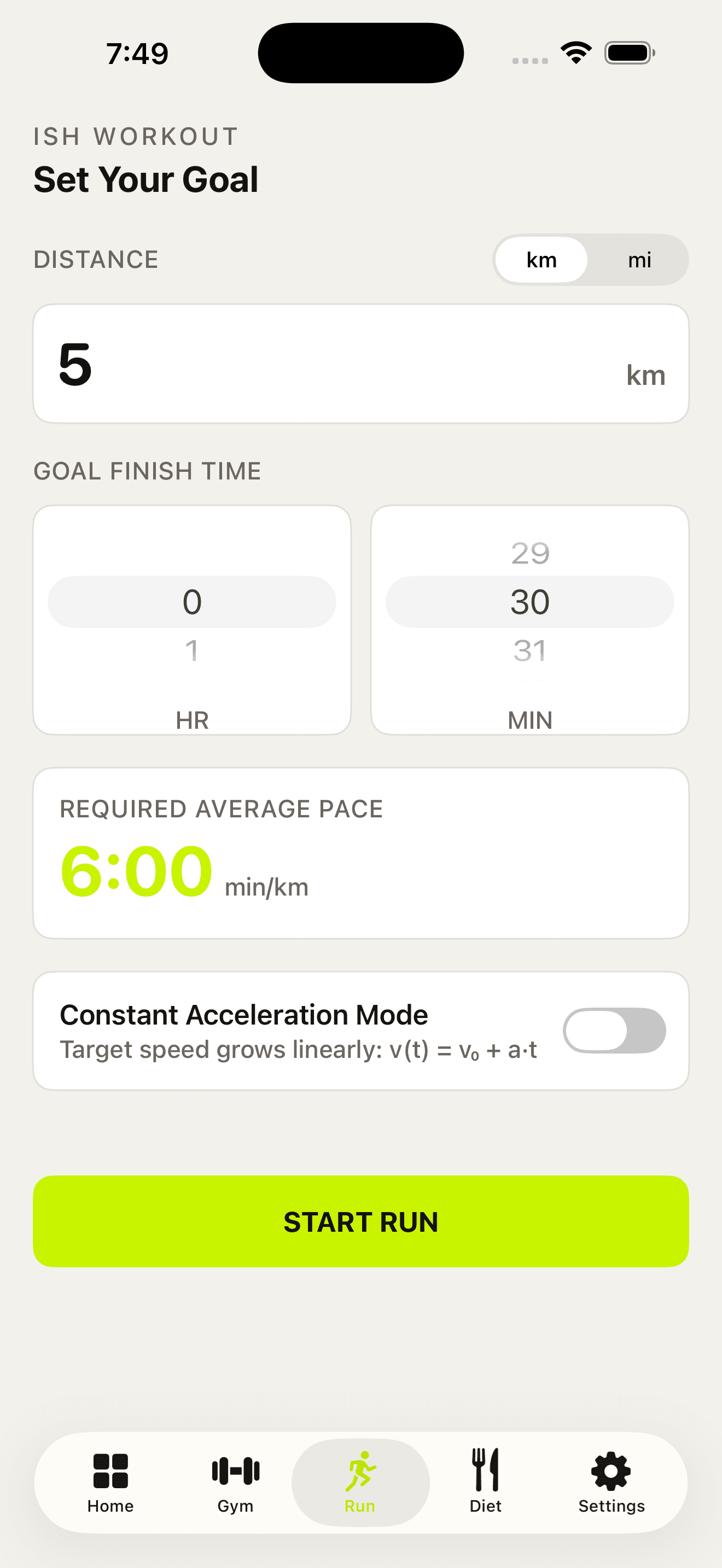 iOS run setup with distance and time goals