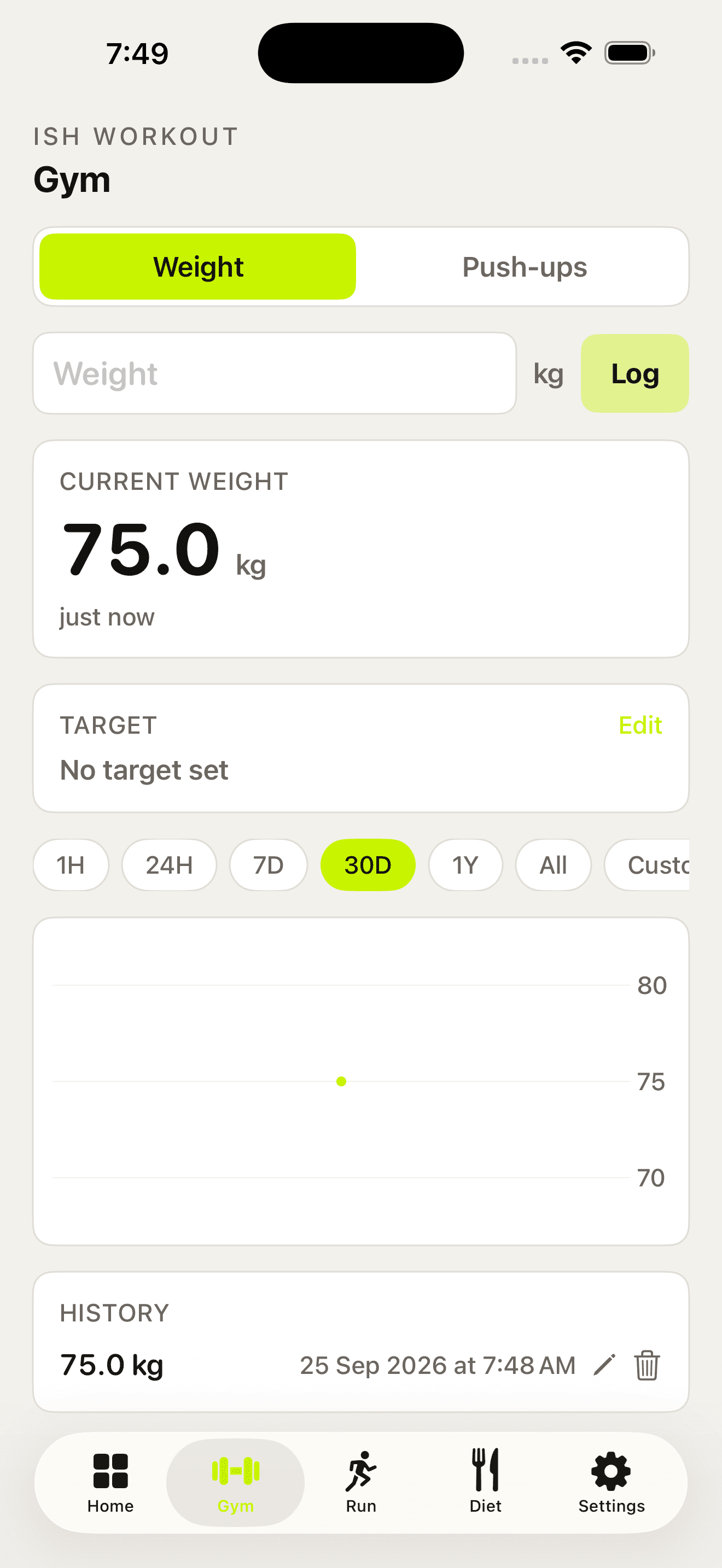 iOS weight history with a sample weigh-in